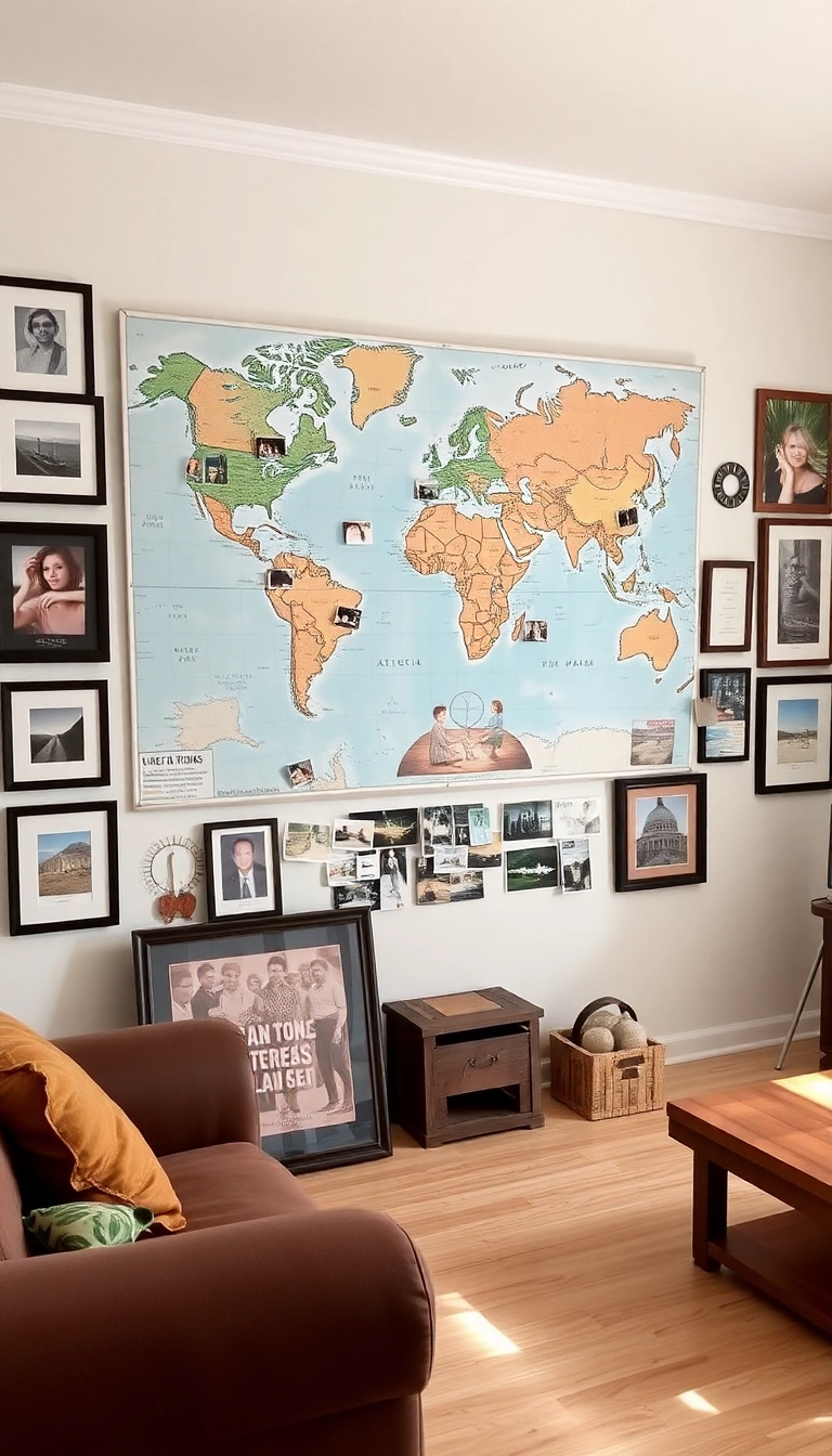 10 DIY Gallery Wall Ideas That Add a Personal Touch to Your Living Room (And They're Budget-Friendly!) - 3. Travel Memories Map