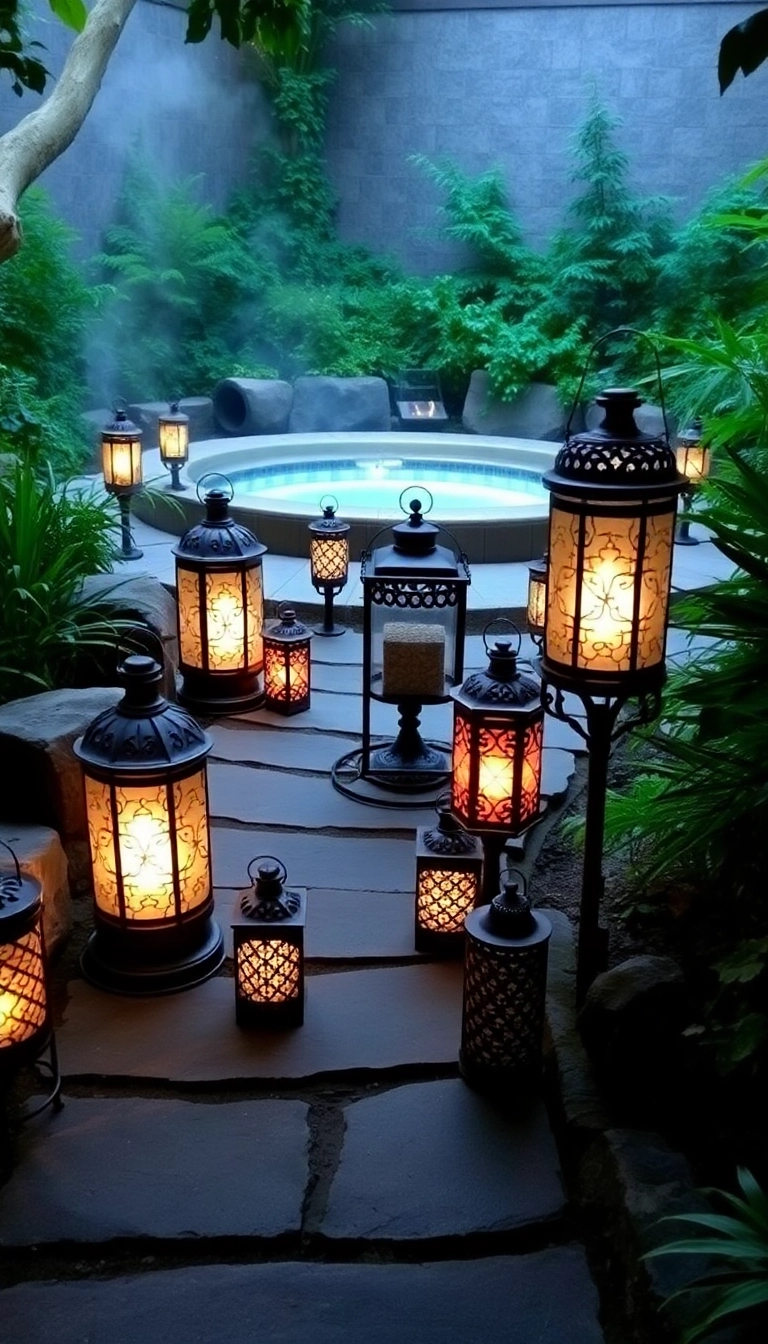 11 Backyard Lighting Tricks for Hot Tub Privacy That Create Instant Ambiance! - 3. Elegant Lanterns