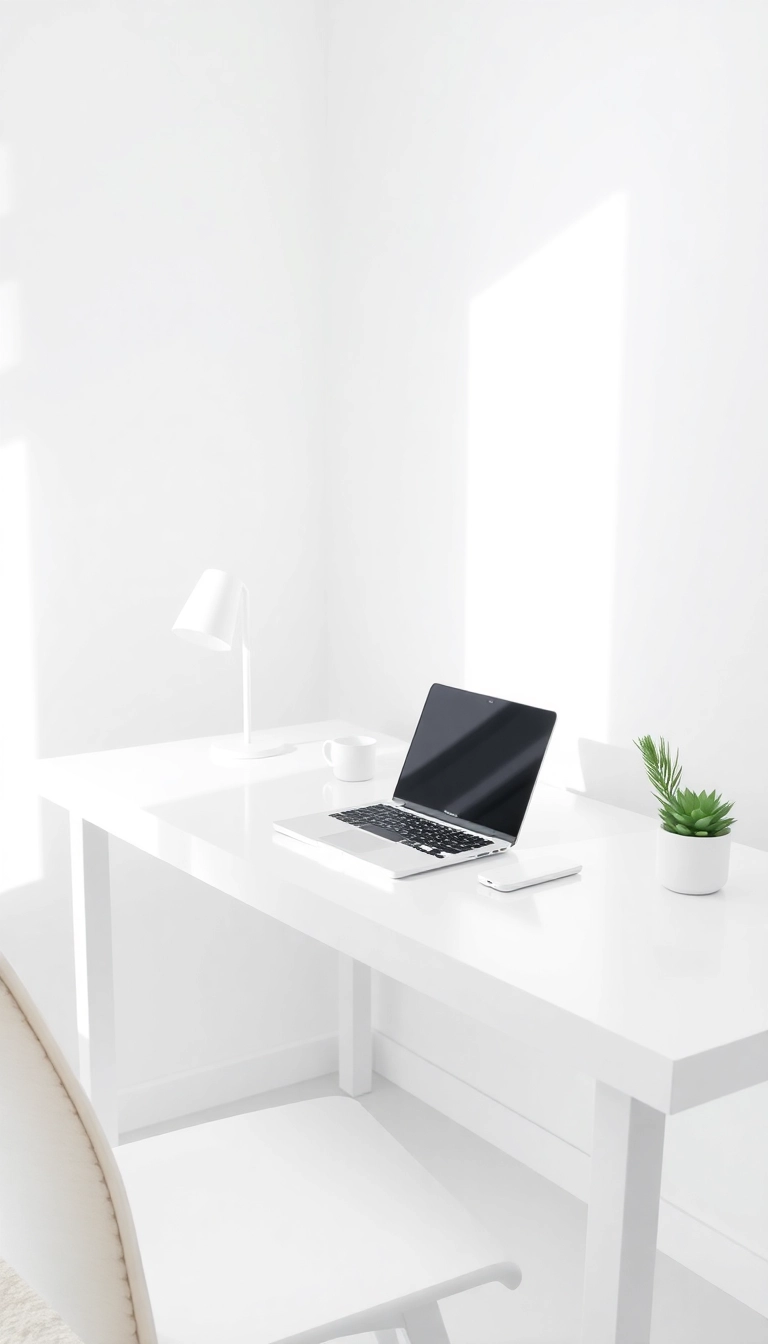 12 Minimalist Desk Setup Ideas That Will Transform Your Workspace into a Productivity Powerhouse! - 1. The All-White Aesthetic