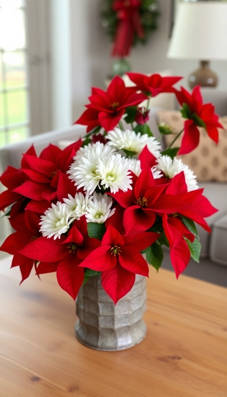 13 Cozy Coffee Table Christmas Decor Ideas That Will Make Your Home Feel Warm and Inviting! - 11. Seasonal Flower Arrangements