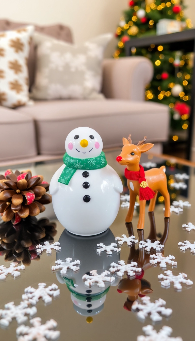 13 Cozy Coffee Table Christmas Decor Ideas That Will Make Your Home Feel Warm and Inviting! - 8. Whimsical Holiday Figurines