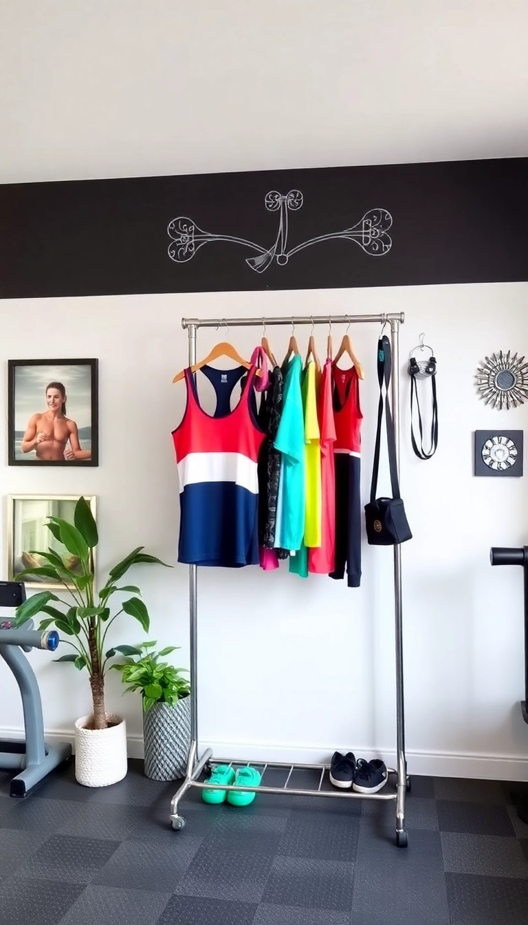 14 Affordable Mini Gym at Home Ideas That Look Expensive! - 10. Stylish Gym Apparel Display