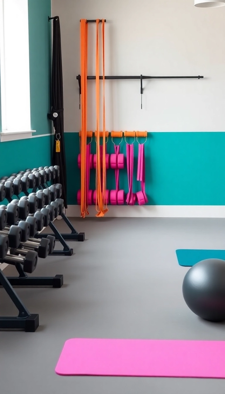 14 Affordable Mini Gym at Home Ideas That Look Expensive! - 8. Color-Coordinated Equipment