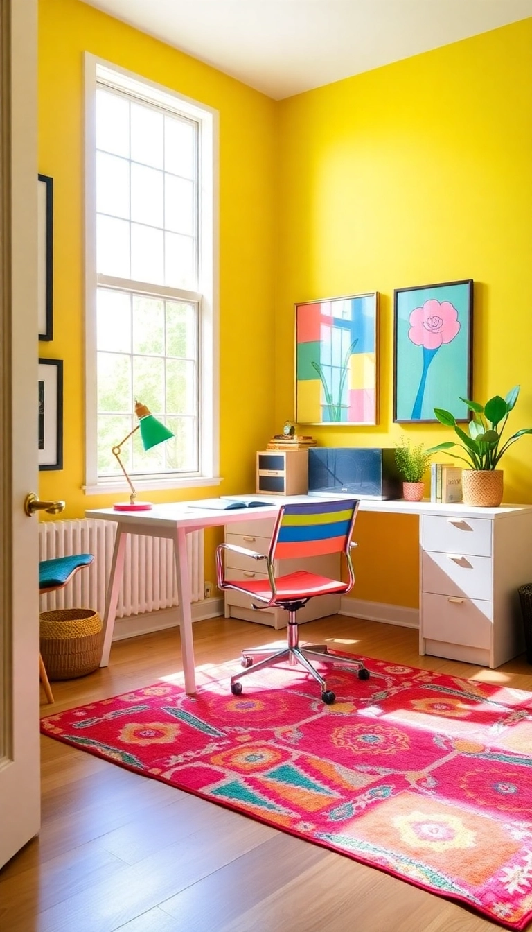 15 Functional Home Offices with Natural Light That Boost Your Productivity (Check Out #8!) - 4. Bright and Bold Colors