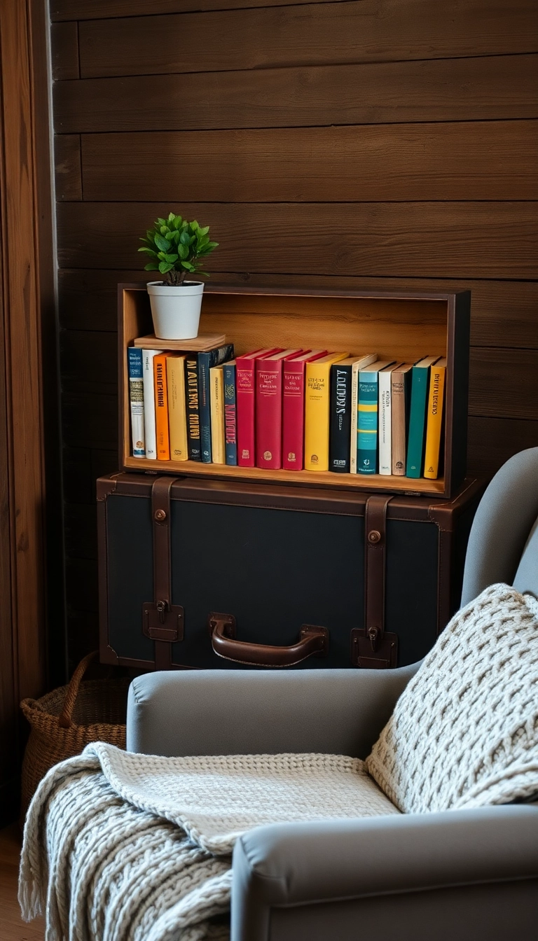 15 Rustic Reading Corner Ideas That'll Make You Want to Curl Up with a Book! - 1. Vintage Suitcase Bookshelf