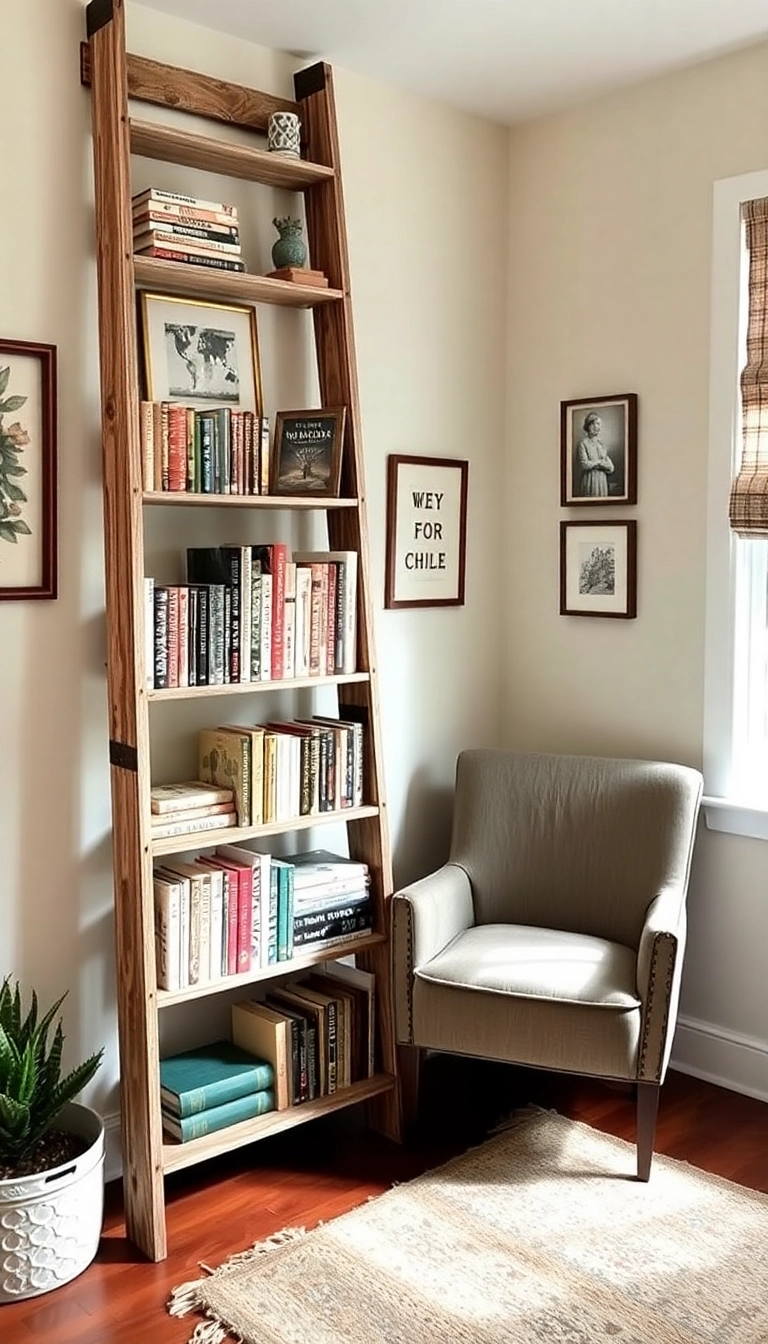 15 Rustic Reading Corner Ideas That'll Make You Want to Curl Up with a Book! - 13. Vintage Ladder Bookshelf