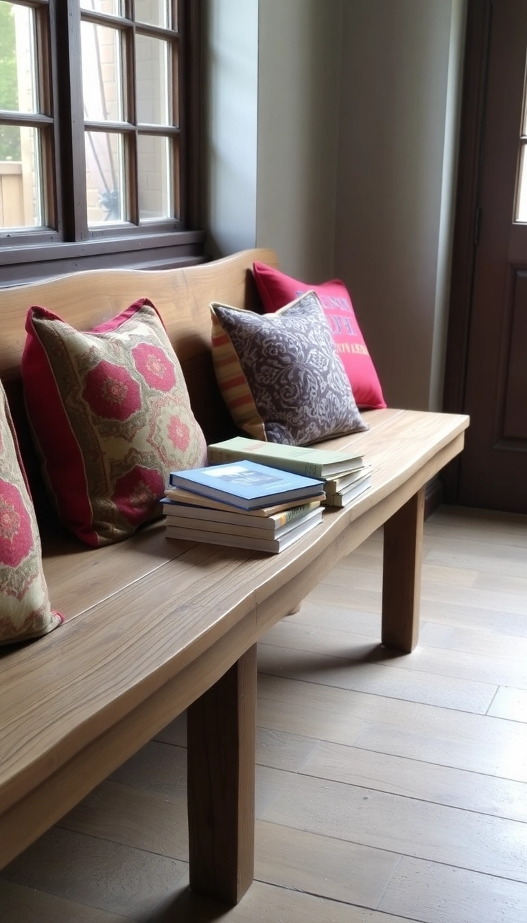 15 Rustic Reading Corner Ideas That'll Make You Want to Curl Up with a Book! - 14. Rustic Bench with Cushions