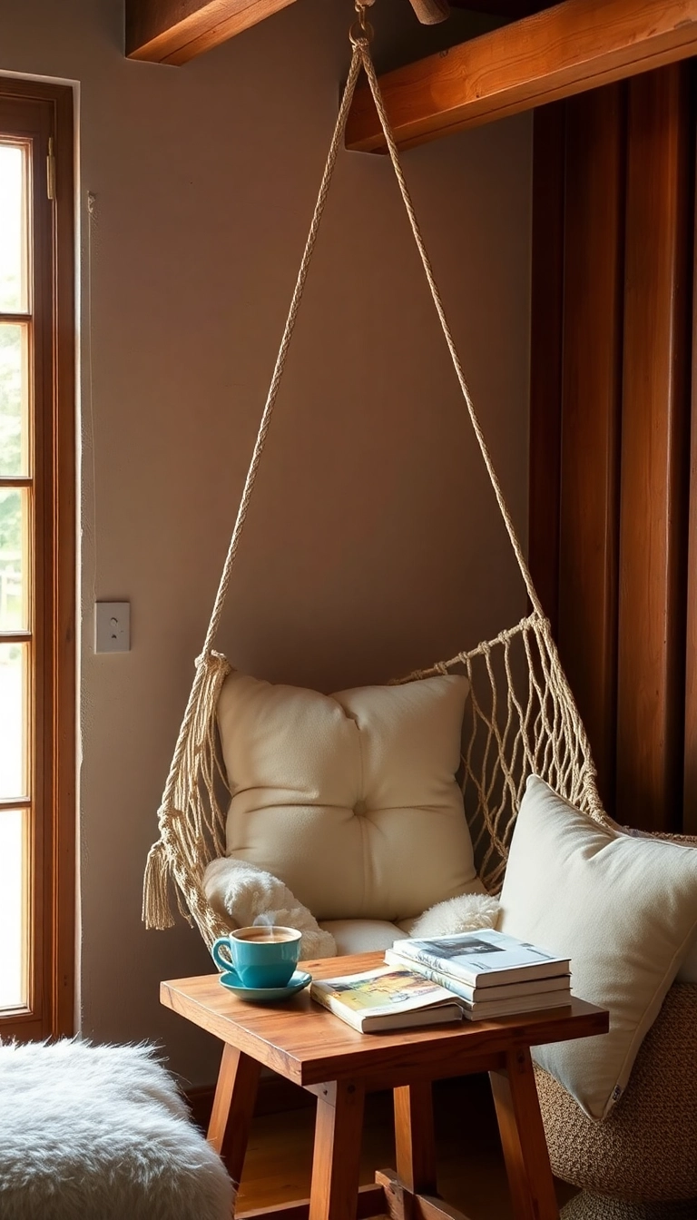 15 Rustic Reading Corner Ideas That'll Make You Want to Curl Up with a Book! - 2. Hammock Chair Haven