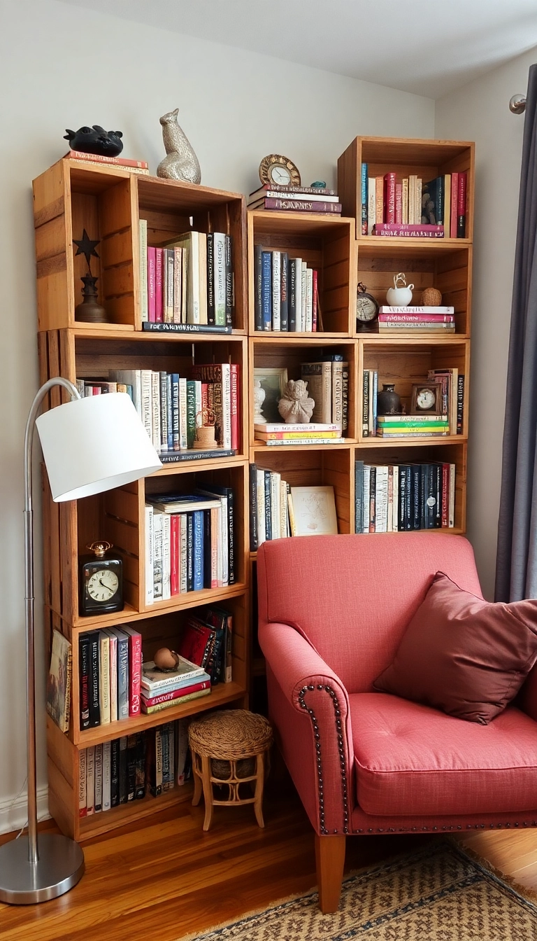 15 Rustic Reading Corner Ideas That'll Make You Want to Curl Up with a Book! - 4. Repurposed Crate Shelves