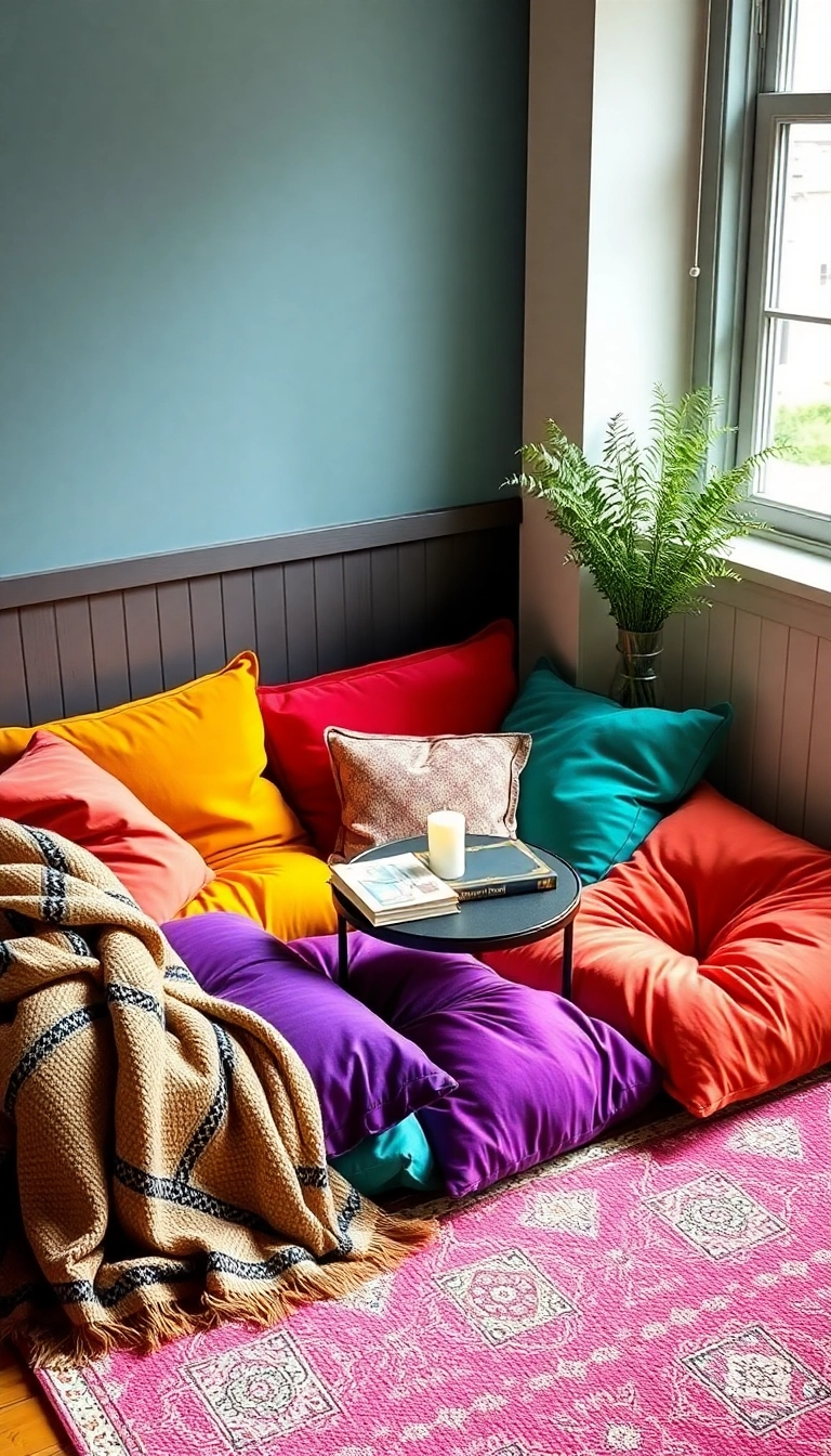 15 Rustic Reading Corner Ideas That'll Make You Want to Curl Up with a Book! - 5. Cozy Floor Cushions