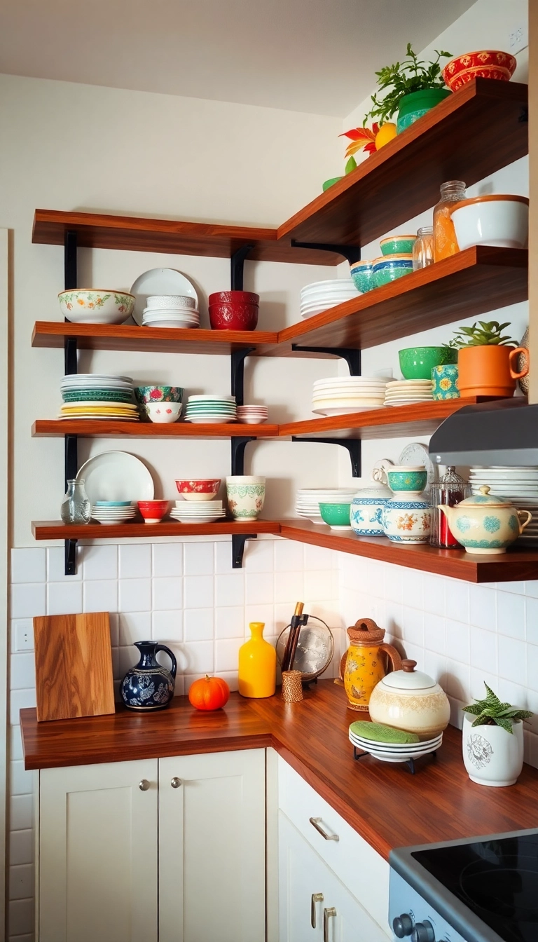 15 Small Kitchen Cozy Corner Ideas That Prove Tiny Spaces Can Be Super Snug! - 3. Open Shelving with Personal Touches