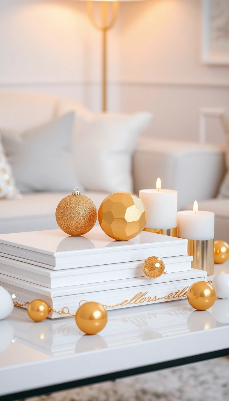 15 Stunning Coffee Table Christmas Decor Ideas That'll Wow Your Guests! - 1. Glimmering Gold and White Elegance