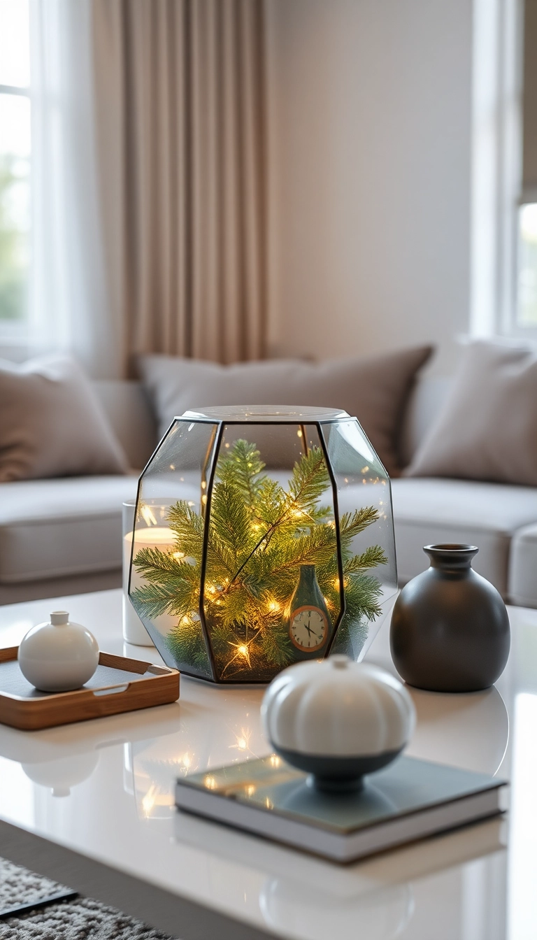 15 Stunning Coffee Table Christmas Decor Ideas That'll Wow Your Guests! - 10. Chic Glass Terrarium