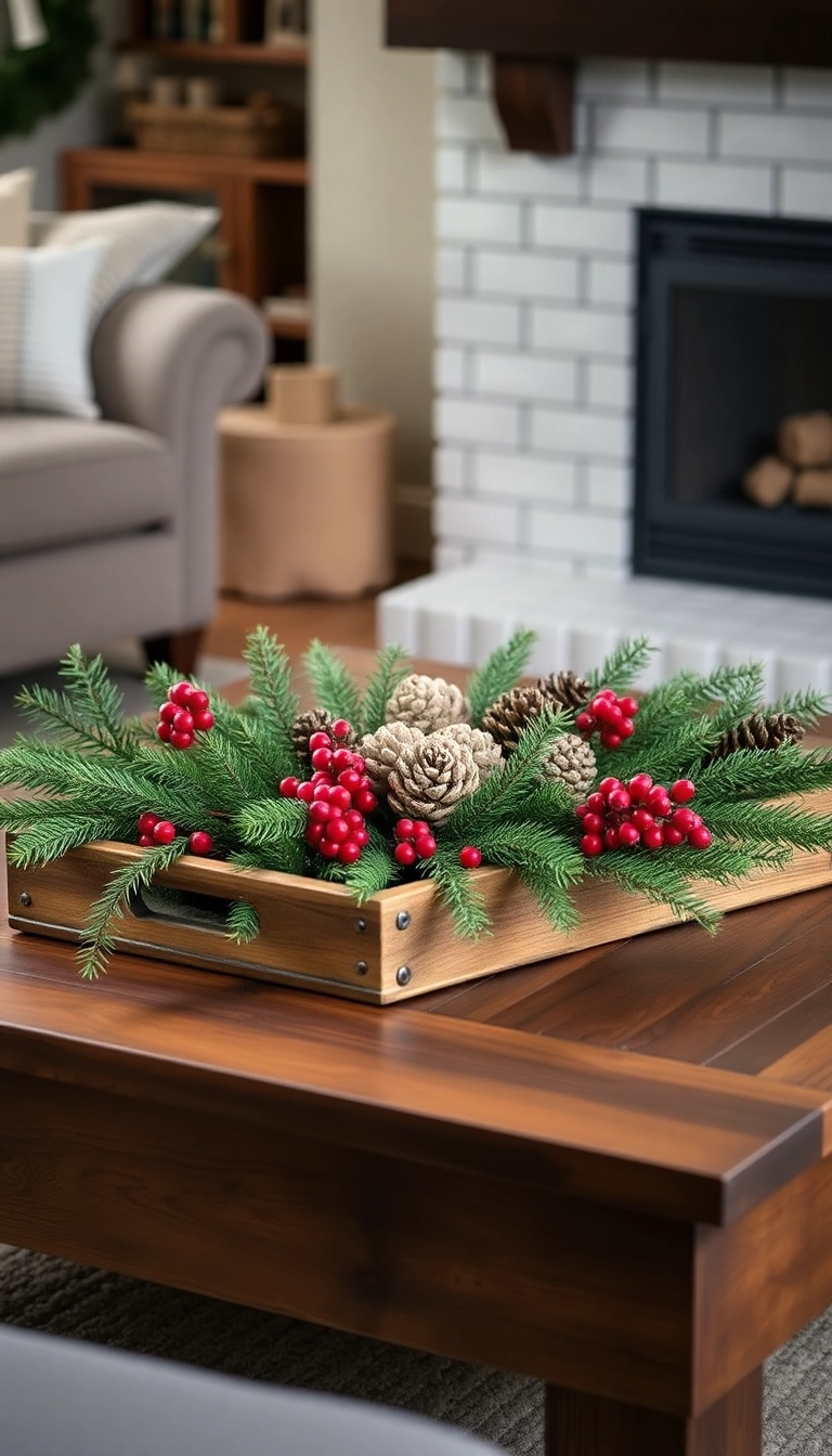 15 Stunning Coffee Table Christmas Decor Ideas That'll Wow Your Guests! - 2. Rustic Wood and Greenery