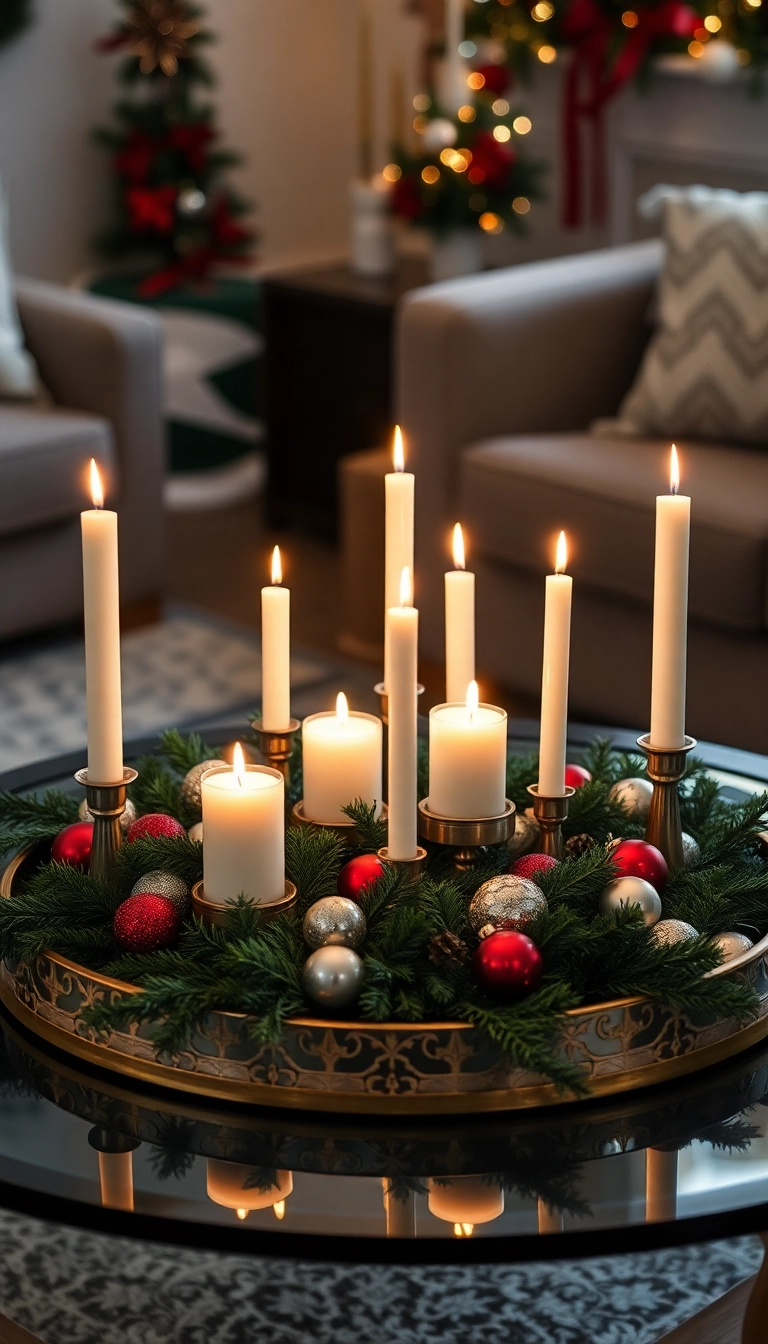 15 Stunning Coffee Table Christmas Decor Ideas That'll Wow Your Guests! - 3. Festive Candle Cluster