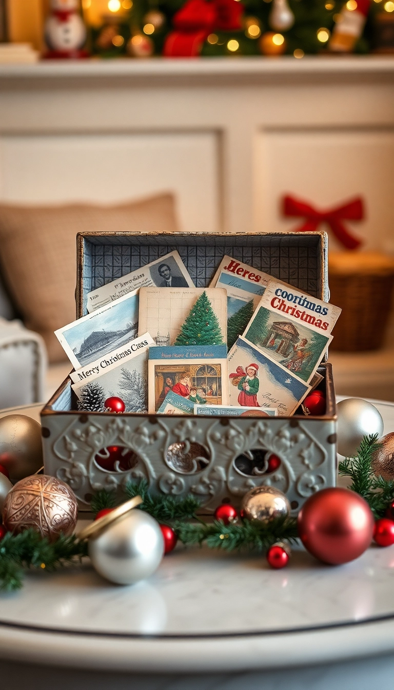 15 Stunning Coffee Table Christmas Decor Ideas That'll Wow Your Guests! - 5. Vintage Christmas Postcards