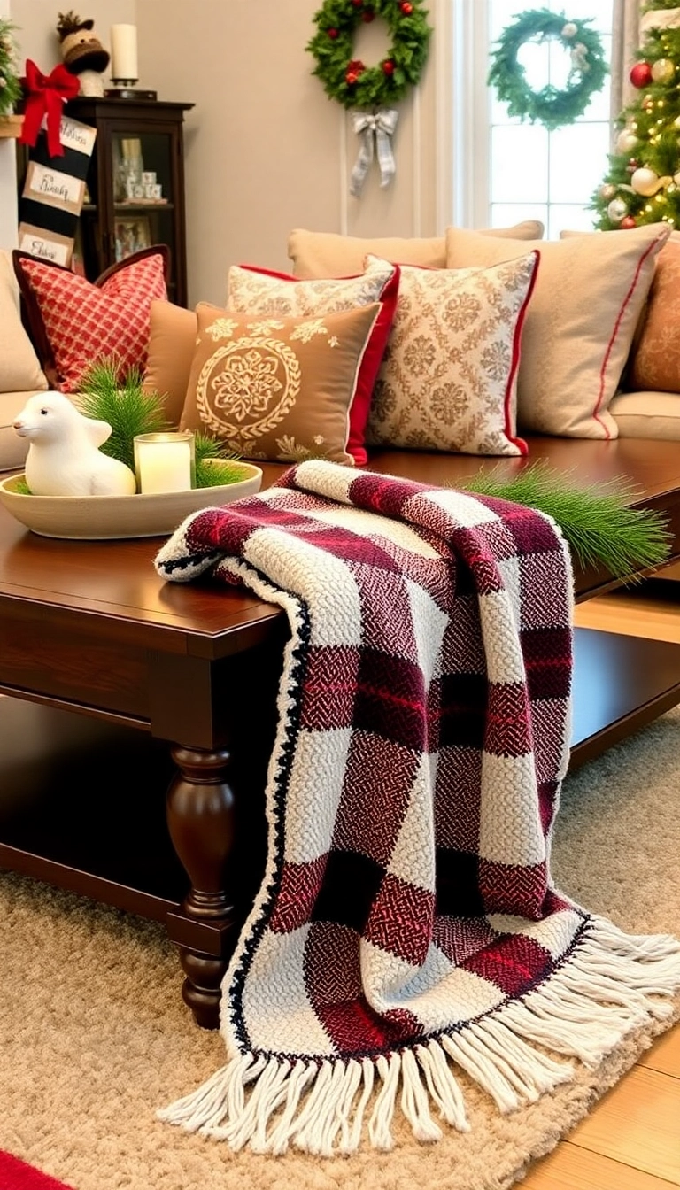 15 Stunning Coffee Table Christmas Decor Ideas That'll Wow Your Guests! - 7. Cozy Holiday Throws