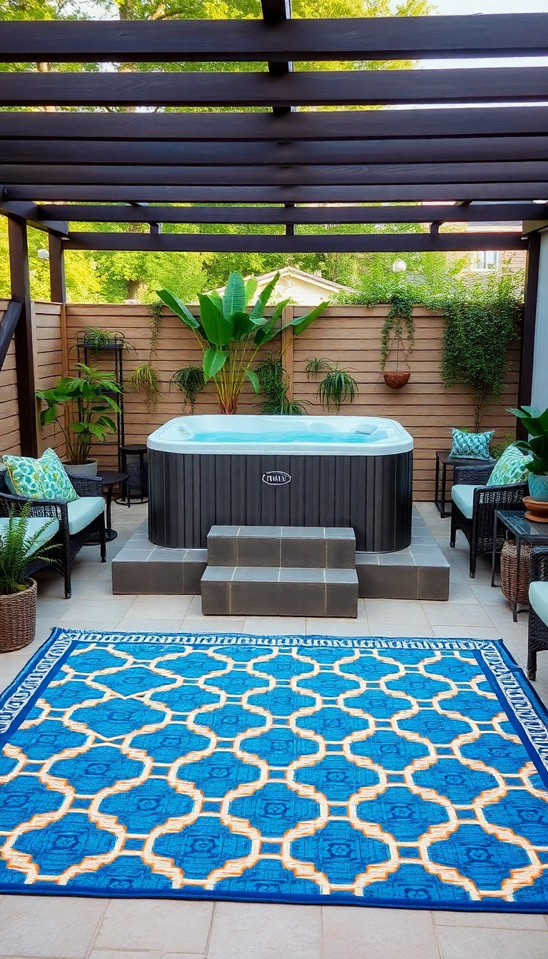 15 Stunning Hot Tub Privacy Ideas That Will Transform Your Backyard into a Serene Oasis! - 12. Stylish Outdoor Rugs