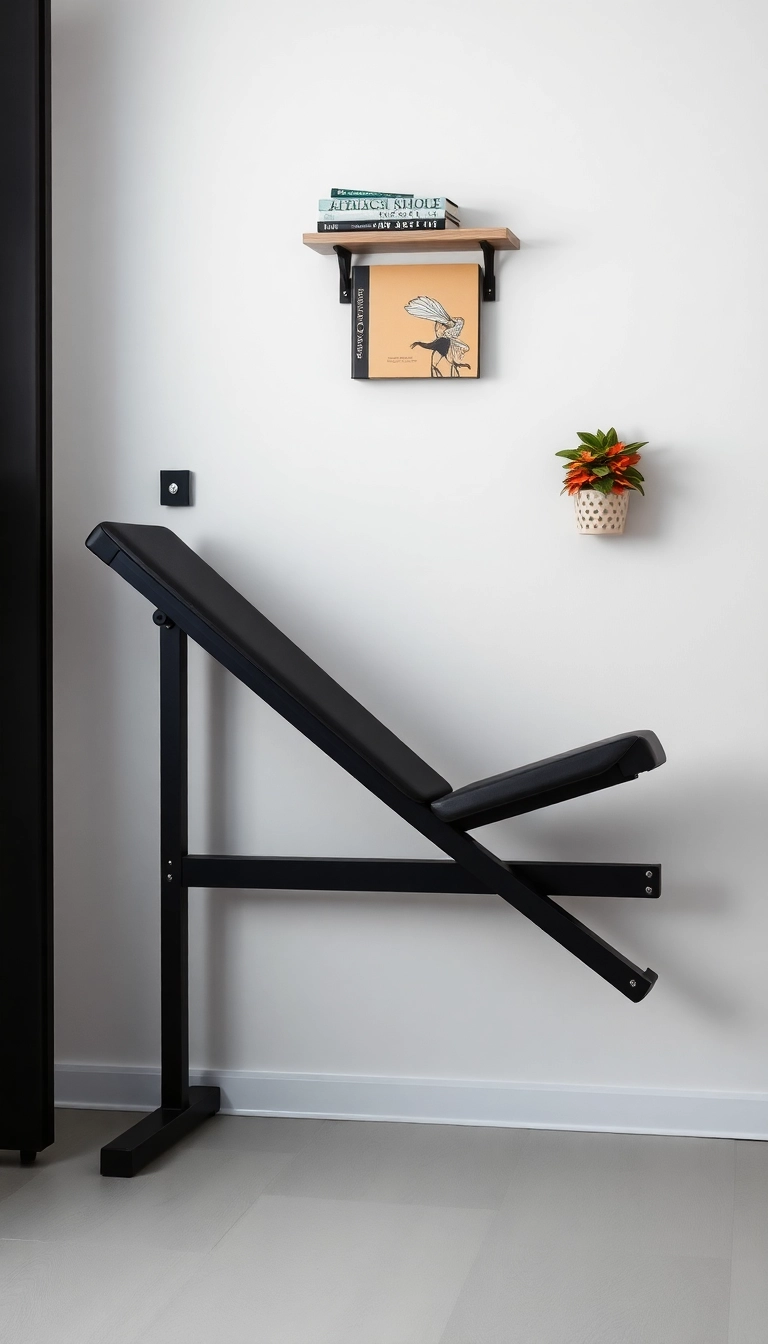 16 Space-Saving Mini Gym Ideas for Your Home That Are Pure Genius (#4 Will Blow Your Mind!) - 1. Foldable Wall-Mounted Workout Bench