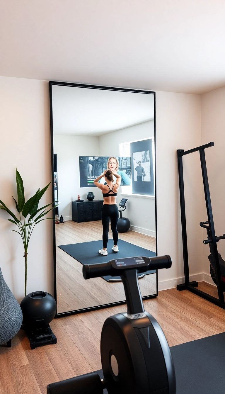 16 Space-Saving Mini Gym at Home Ideas That Look Amazing and Work Wonders! - 16. Smart Mirror with Fitness Programs