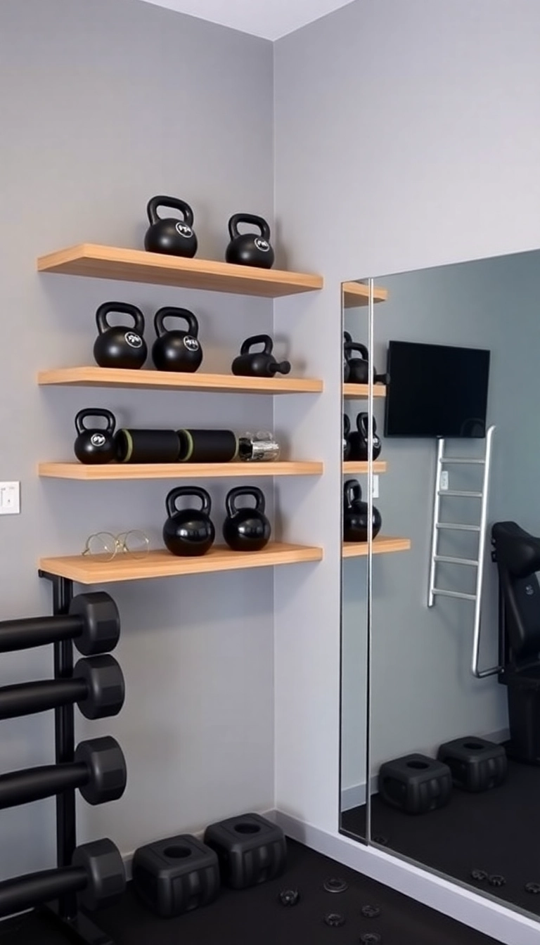 16 Space-Saving Mini Gym at Home Ideas That Look Amazing and Work Wonders! - 5. Floating Shelves for Fitness Accessories