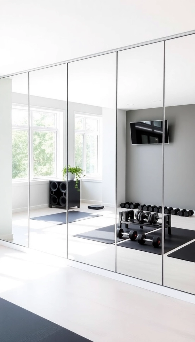 16 Space-Saving Mini Gym at Home Ideas That Look Amazing and Work Wonders! - 8. Mirror Wall for Illusion of Space