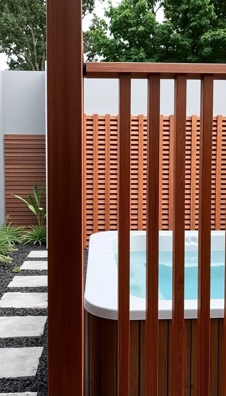 18 Modern Fence Ideas for Your Hot Tub That Are Stylish and Functional! - 1. Minimalist Wooden Slat Fence