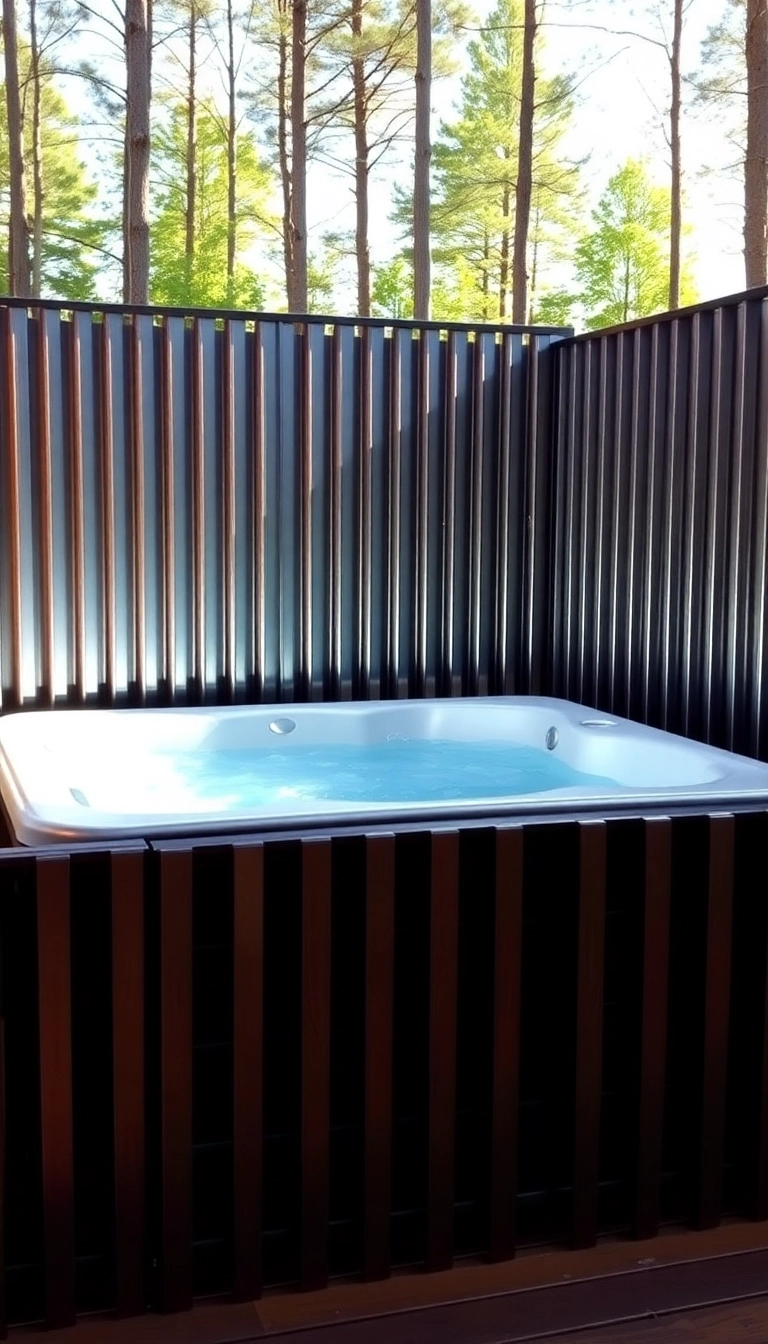 18 Modern Fence Ideas for Your Hot Tub That Are Stylish and Functional! - 3. Vertical Steel Slats