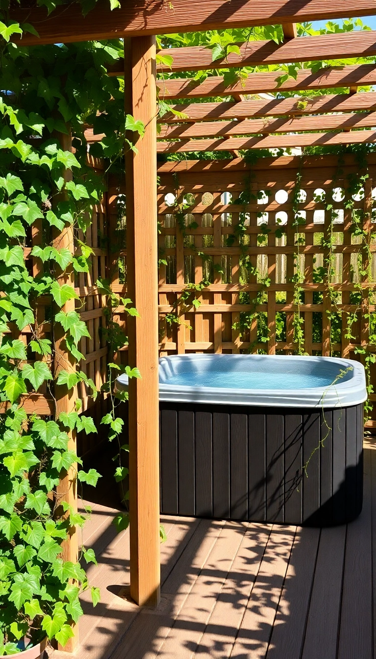 18 Modern Fence Ideas for Your Hot Tub That Are Stylish and Functional! - 7. Lattice Work with Climbing Plants