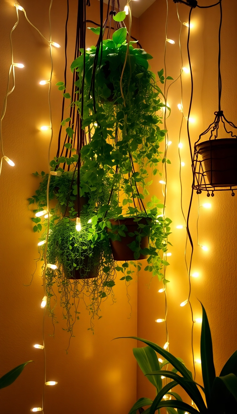 18 Stunning Hanging Indoor Plant Displays That Will Elevate Your Space (Don’t Miss #10!) - 10. Whimsical String Lights