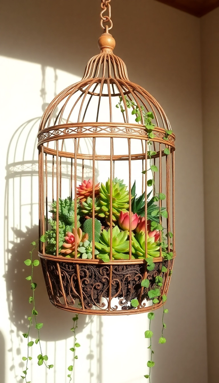 18 Stunning Hanging Indoor Plant Displays That Will Elevate Your Space (Don’t Miss #10!) - 13. Vintage Birdcage Planters