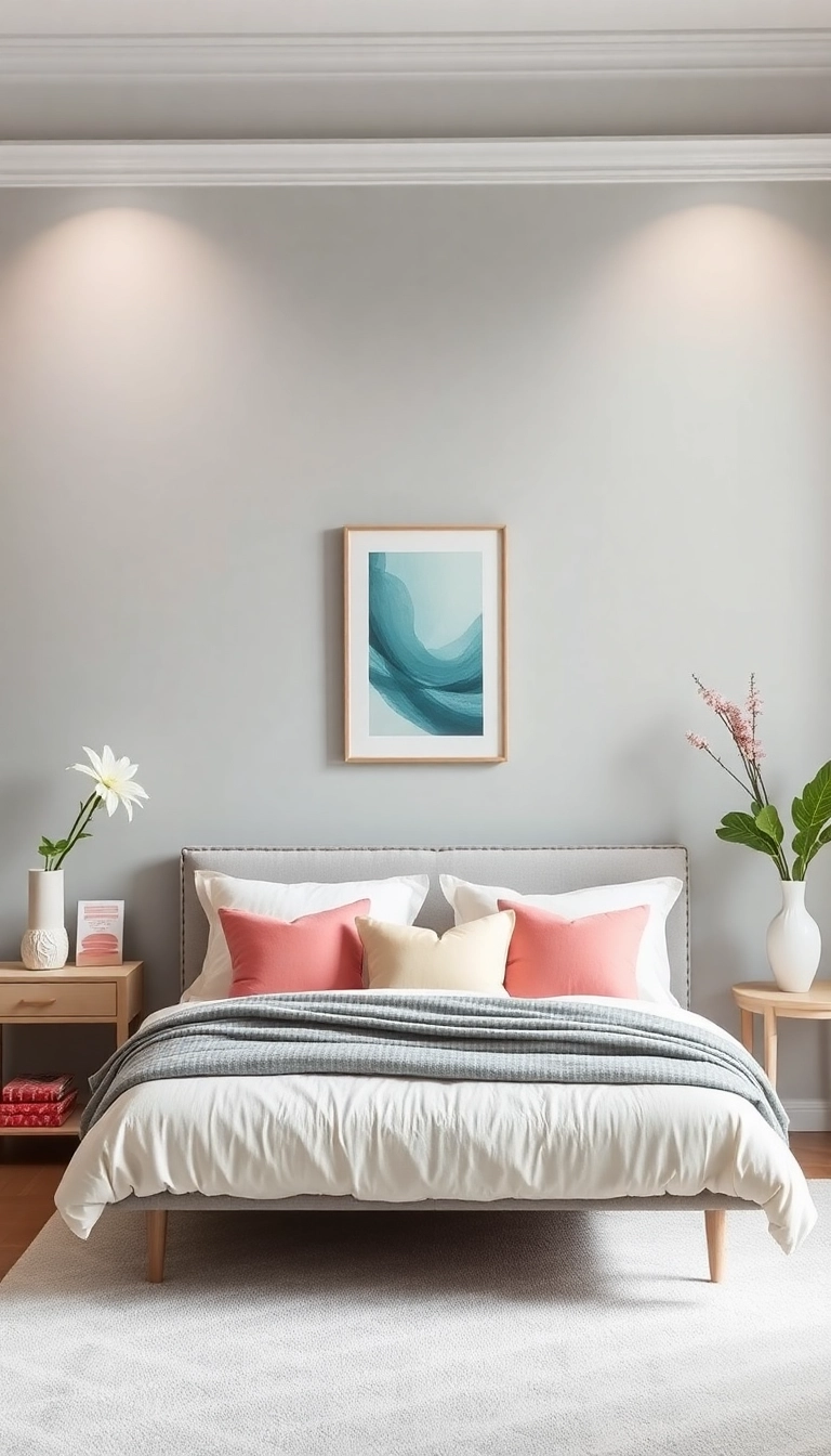 19 Unexpected Bedroom Wall Colors That Will Make You Fall in Love with Your Room Again! - 19. Soft Grey with Pastel Accents