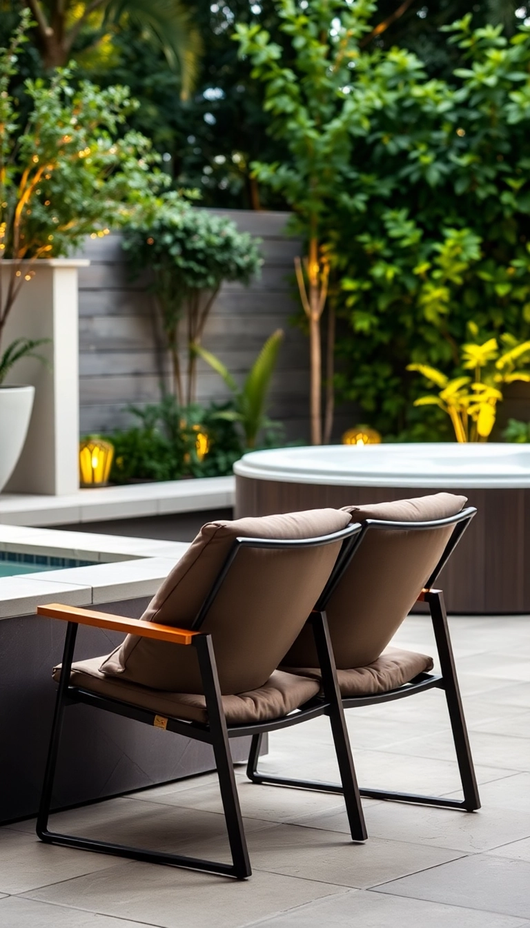 20 Compact Hot Tub Seating Ideas That Maximize Your Small Outdoor Space! - 1. Nesting Lounge Chairs