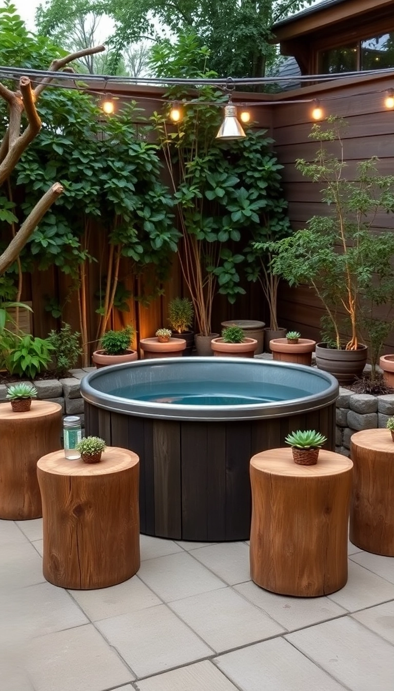 20 Compact Hot Tub Seating Ideas That Maximize Your Small Outdoor Space! - 14. Reclaimed Wood Stools