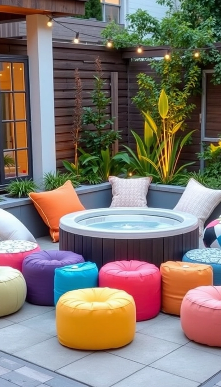 20 Compact Hot Tub Seating Ideas That Maximize Your Small Outdoor Space! - 15. Chic Poufs