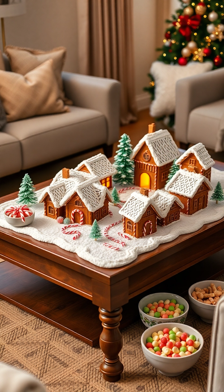 20 Elegant Coffee Table Christmas Decor Inspirations That Will Dazzle Everyone! - 5. Whimsical Gingerbread Village