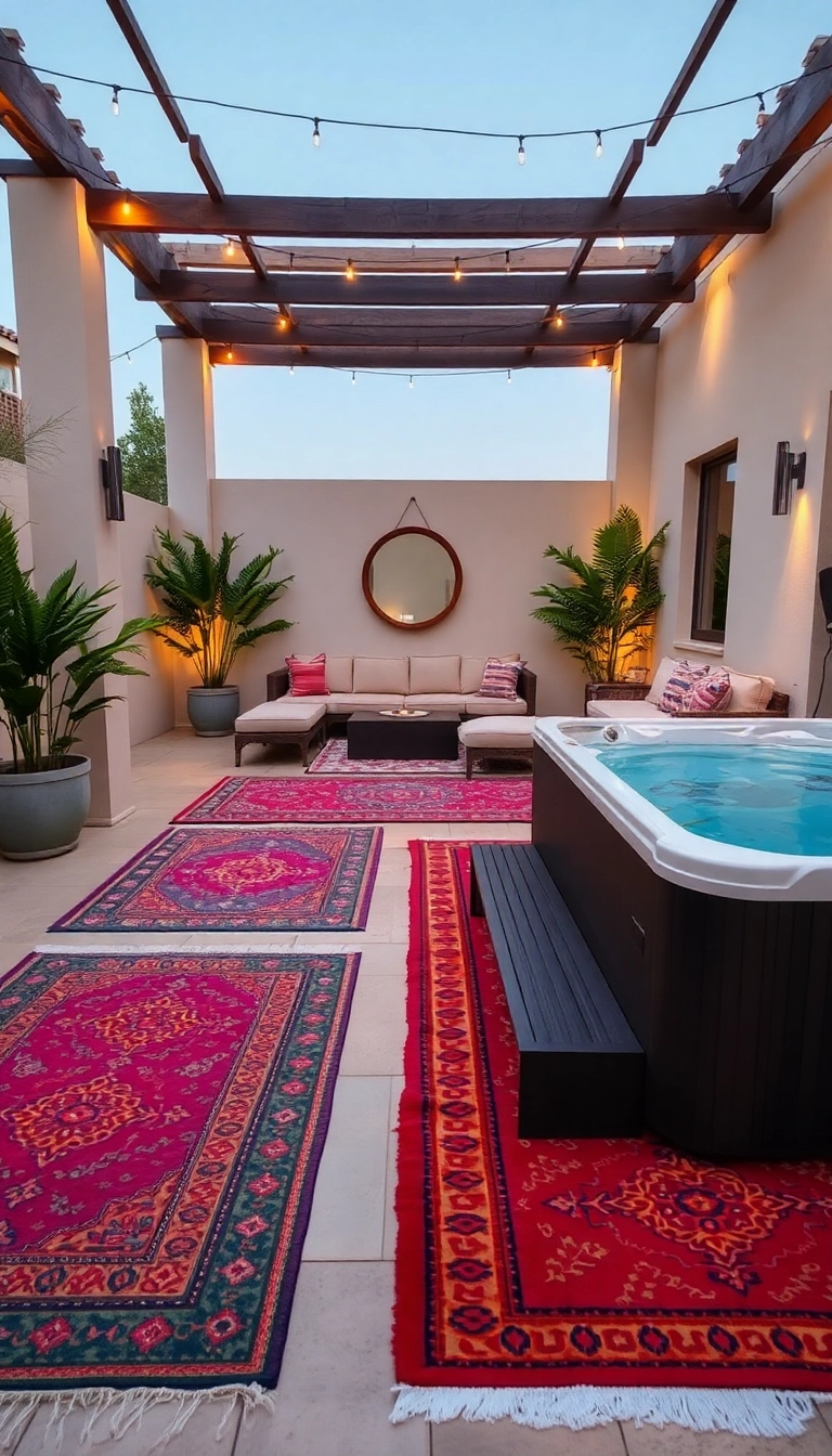 20 Luxurious Hot Tub Privacy Ideas That Will Make You Feel Like Royalty (Don't Miss #12!) - 16. Chic Outdoor Rugs