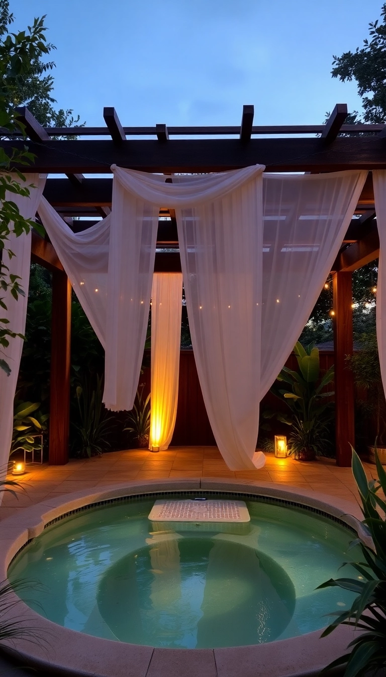 20 Luxurious Hot Tub Privacy Ideas That Will Make You Feel Like Royalty (Don't Miss #12!) - 8. Pergolas with Draped Fabrics