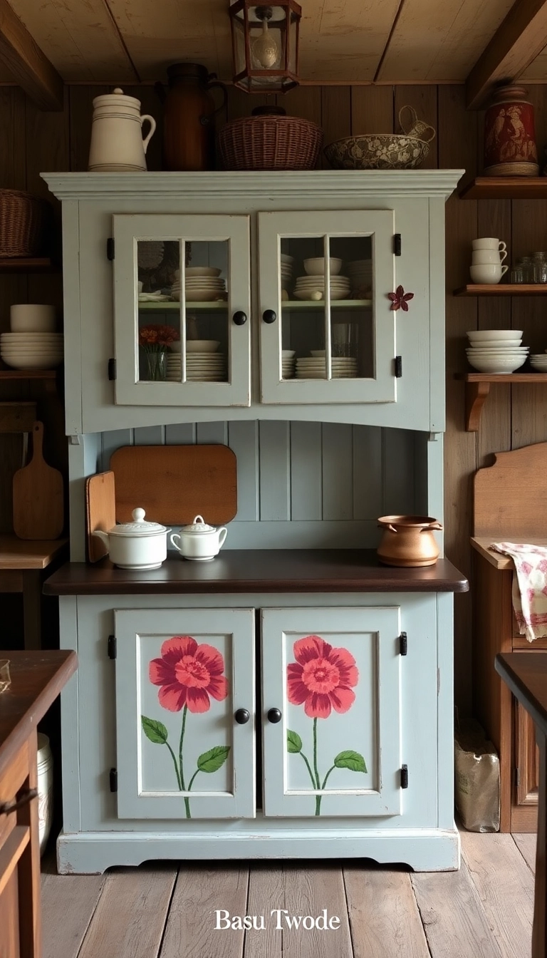 20 Stunning Floral Hand-Painted Cabinet Ideas That Will Transform Your Home! - 13. Rustic Painted Farmhouse