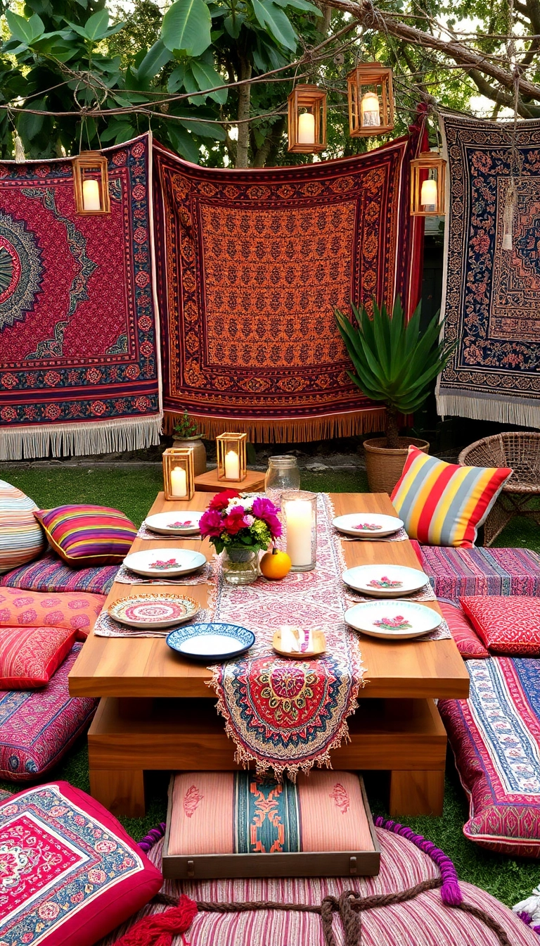 21 Stylish Outdoor Dining Ideas That Will Make Your Summer Parties Unforgettable! - 3. Bohemian Vibes with Tapestries