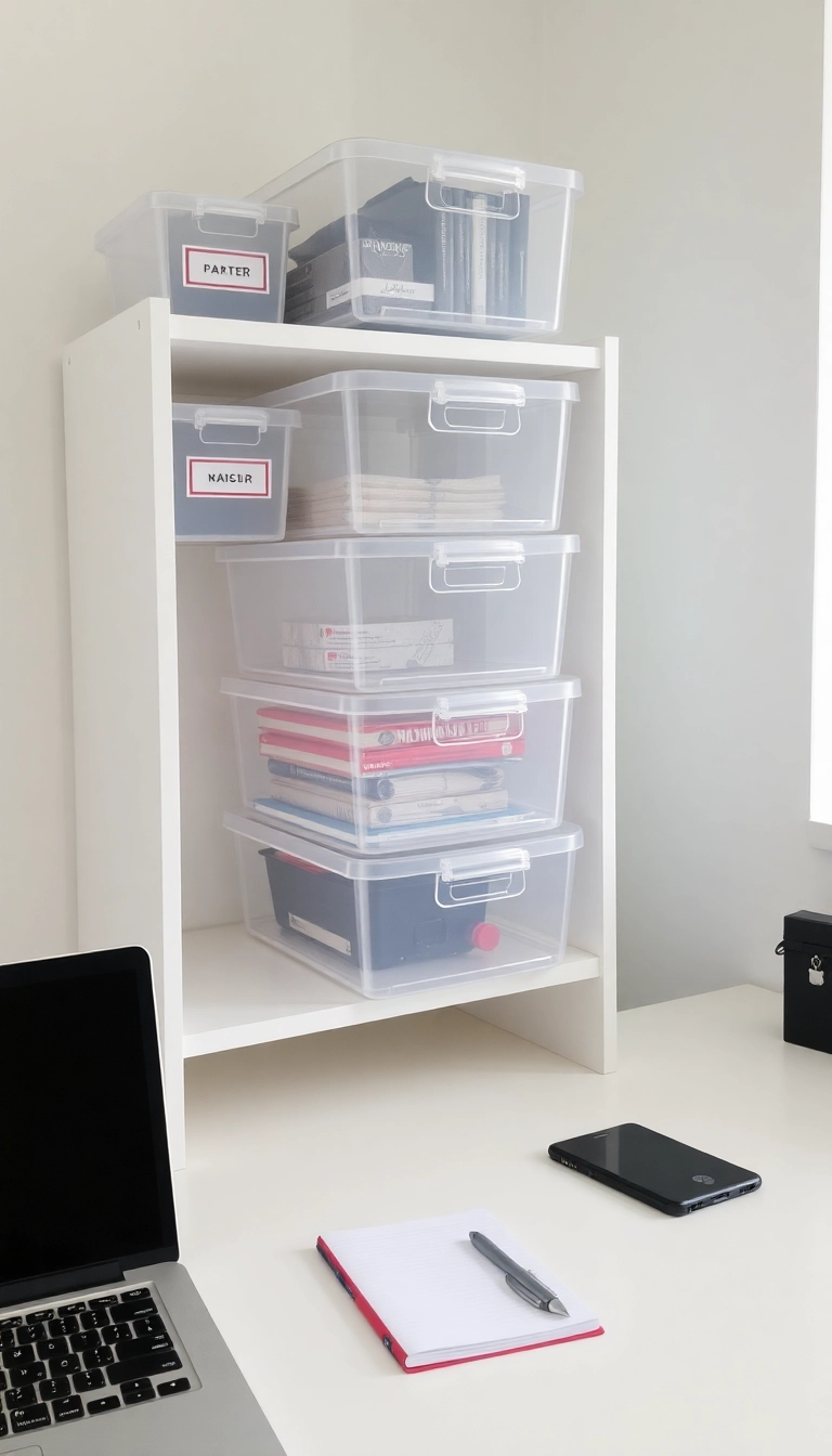 25 Brilliant Home Office Storage Solutions You Didn't Know You Needed! - Clear Storage Boxes for Visibility