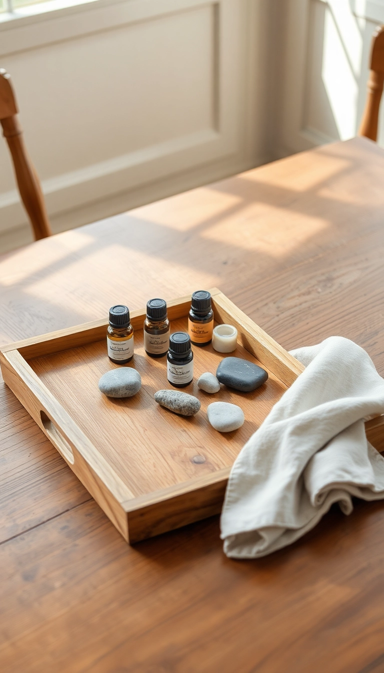 10 Minimalist Farmhouse Table Centerpiece Ideas for a Chic Look! - 10. Simple Tray with Essential Oils and Stones