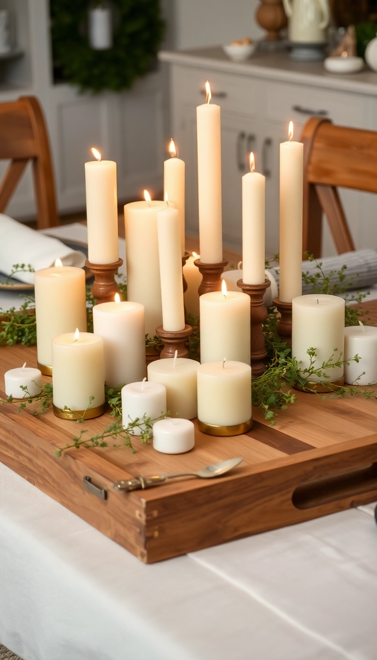 10 Minimalist Farmhouse Table Centerpiece Ideas for a Chic Look! - 2. Rustic Wooden Tray with Candles