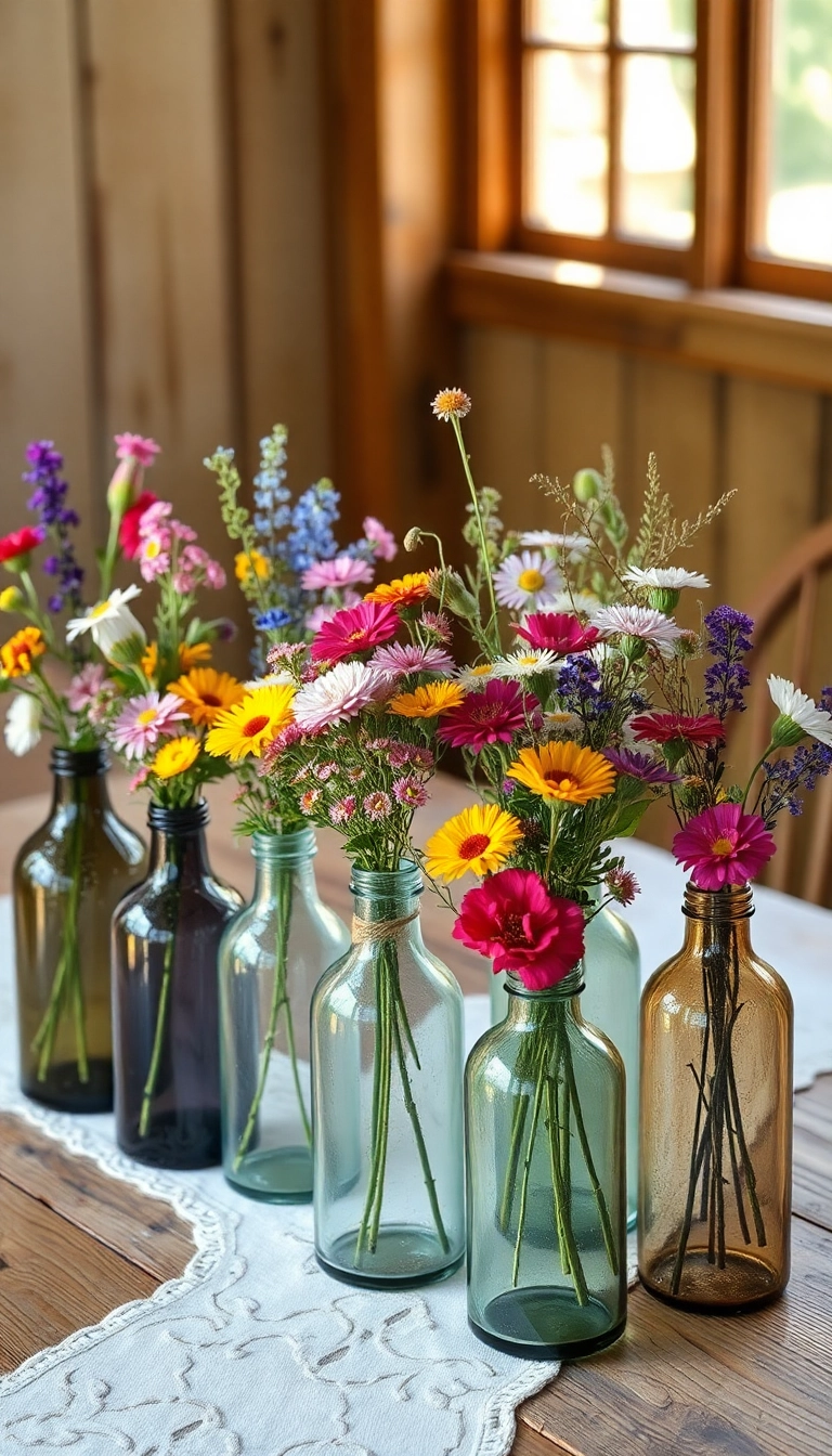 10 Minimalist Farmhouse Table Centerpiece Ideas for a Chic Look! - 3. Vintage Glass Bottles with Wildflowers