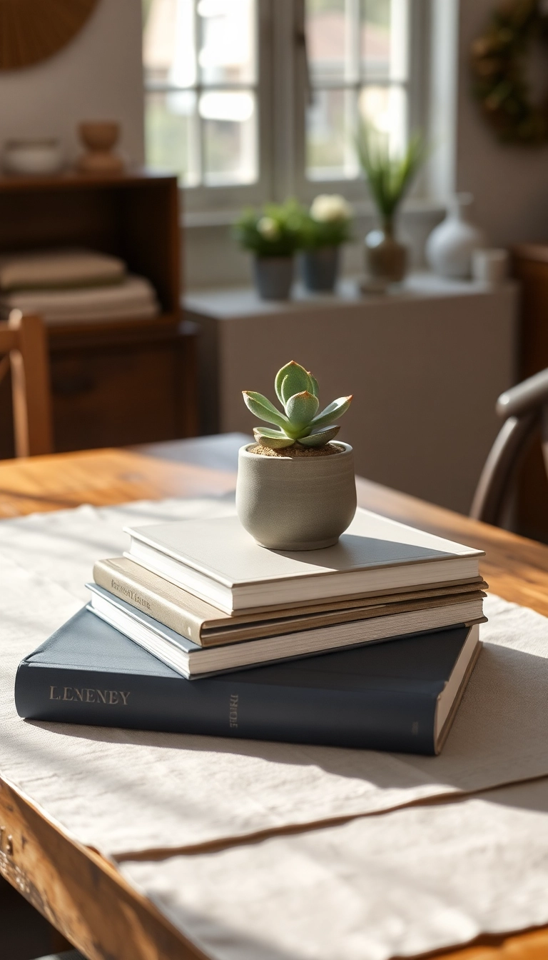 10 Minimalist Farmhouse Table Centerpiece Ideas for a Chic Look! - 5. Minimalist Book Stack with a Plant