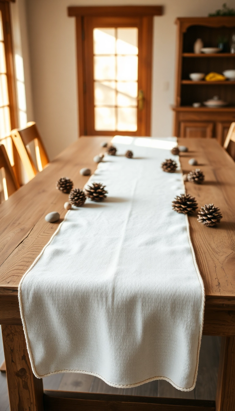 10 Minimalist Farmhouse Table Centerpiece Ideas for a Chic Look! - 6. Simple Fabric Runner with Natural Accents