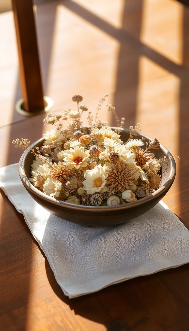 10 Minimalist Farmhouse Table Centerpiece Ideas for a Chic Look! - 8. A Simple Bowl of Dried Flowers