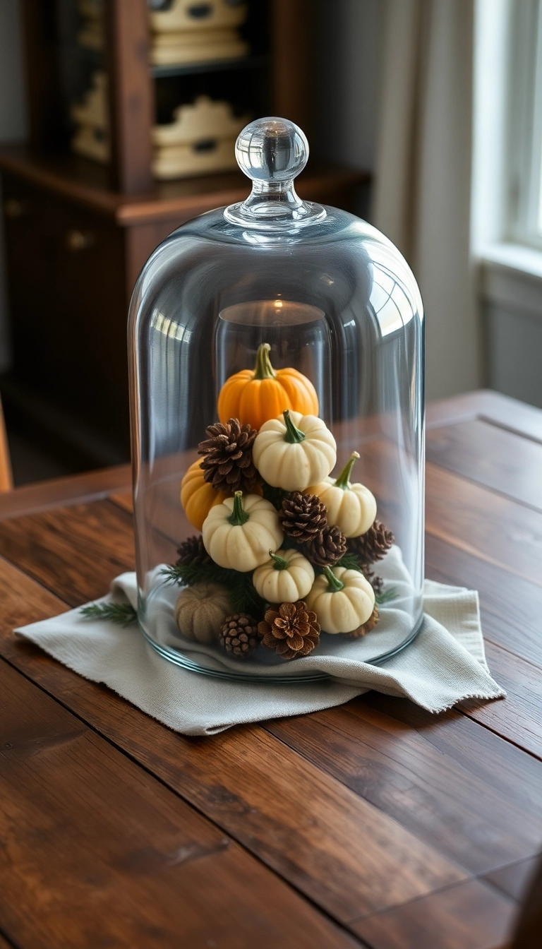 10 Minimalist Farmhouse Table Centerpiece Ideas for a Chic Look! - 9. Clear Glass Cloche with Seasonal Decor