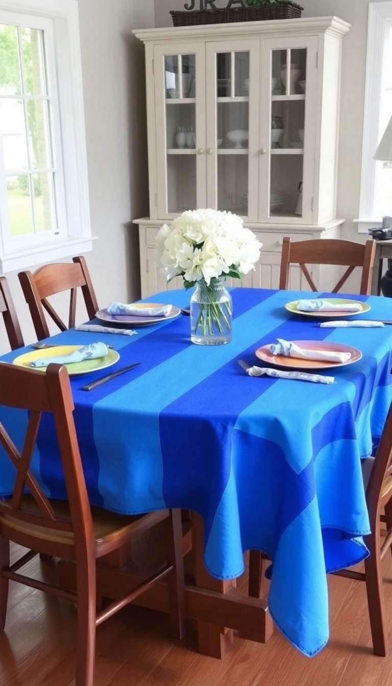 18 Stunning Farmhouse Table Centerpiece Ideas That Will Elevate Your Dining Room (Check Out #3!) - 10. Brightly Colored Tablecloths with Simple Centerpieces