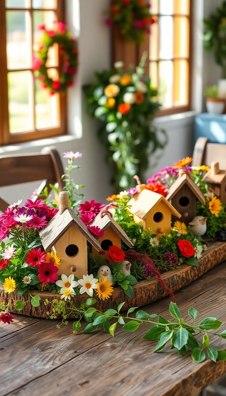 18 Stunning Farmhouse Table Centerpiece Ideas That Will Elevate Your Dining Room (Check Out #3!) - 16. Charming Birdhouses as Centerpieces